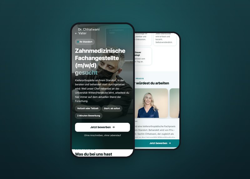 Bewerberfunnel einer Zahnarztpraxis auf zwei Smartphones: Stellenanzeige mit Bewerbungsknopf und die Vorstellung der Praxis