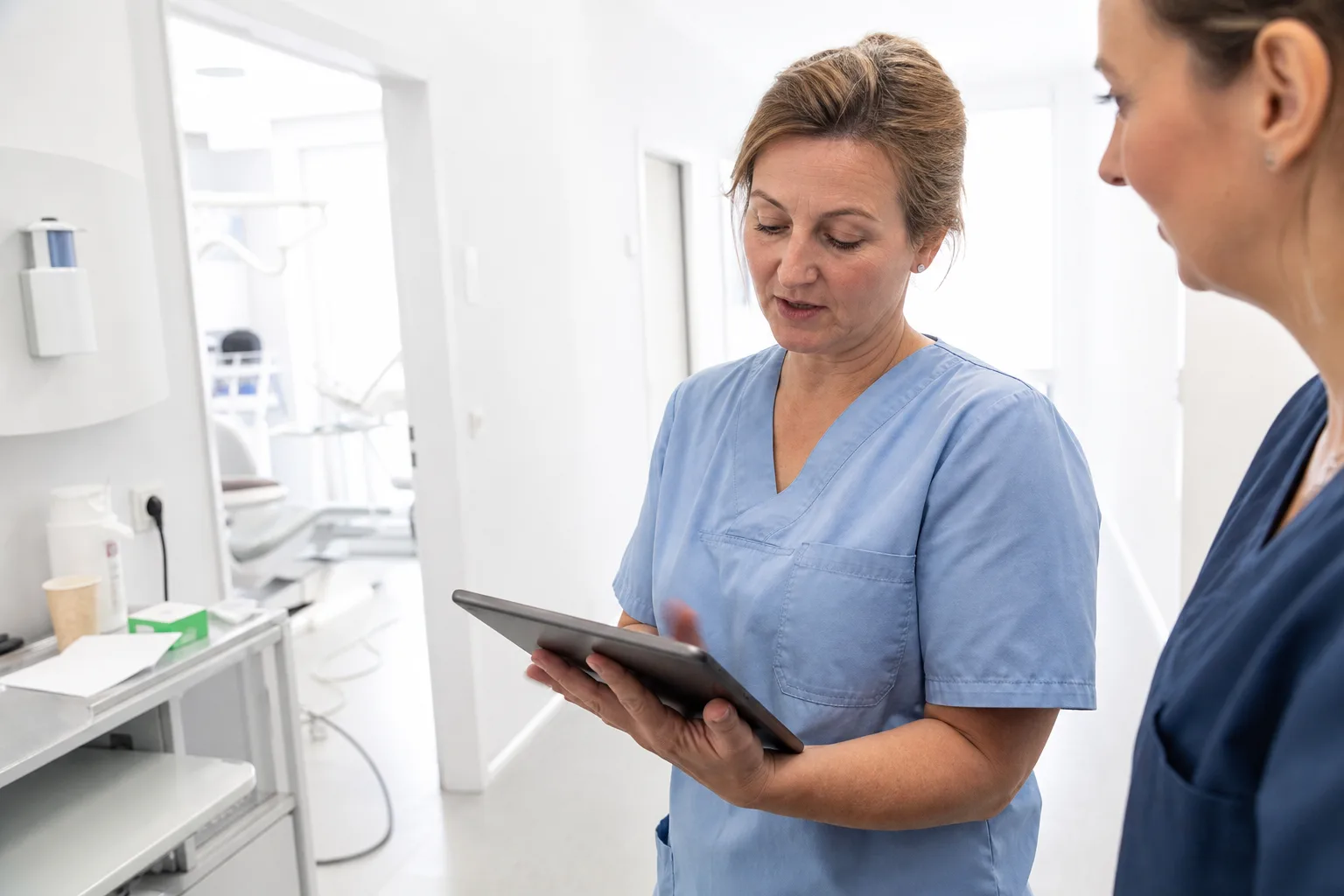 Praxisinhaberin sieht im Behandlungsflur auf ein Tablet